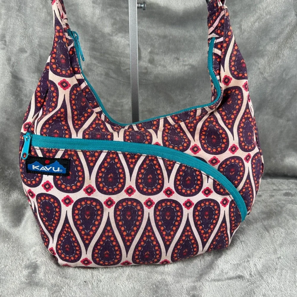 KAVU Sydney Satchel Crossbody Bag Purple Orange Paisley Canvas Shoulder Bag